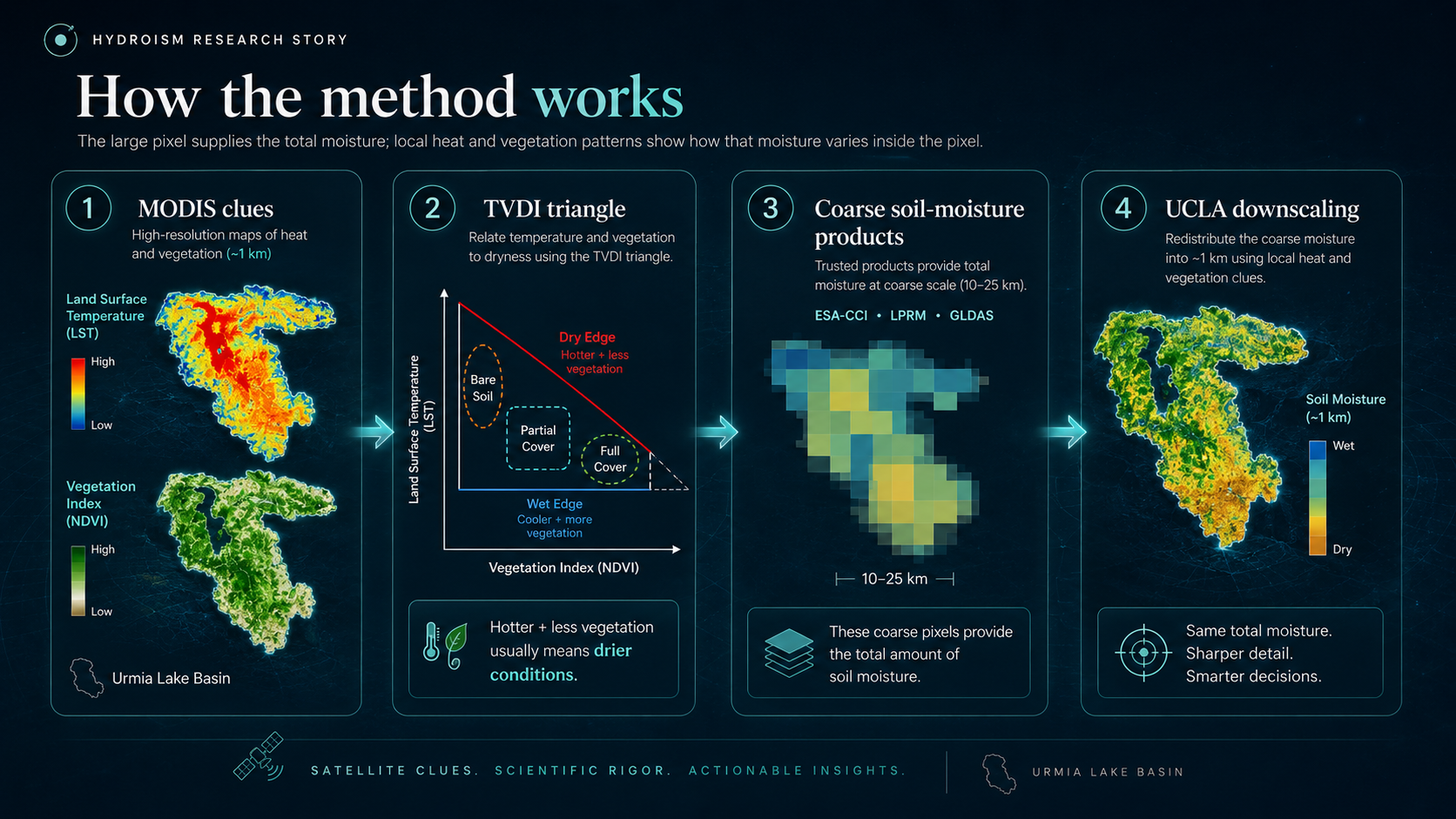 Four-step infographic showing MODIS clues, the TVDI triangle, coarse soil-moisture products, and UCLA downscaling