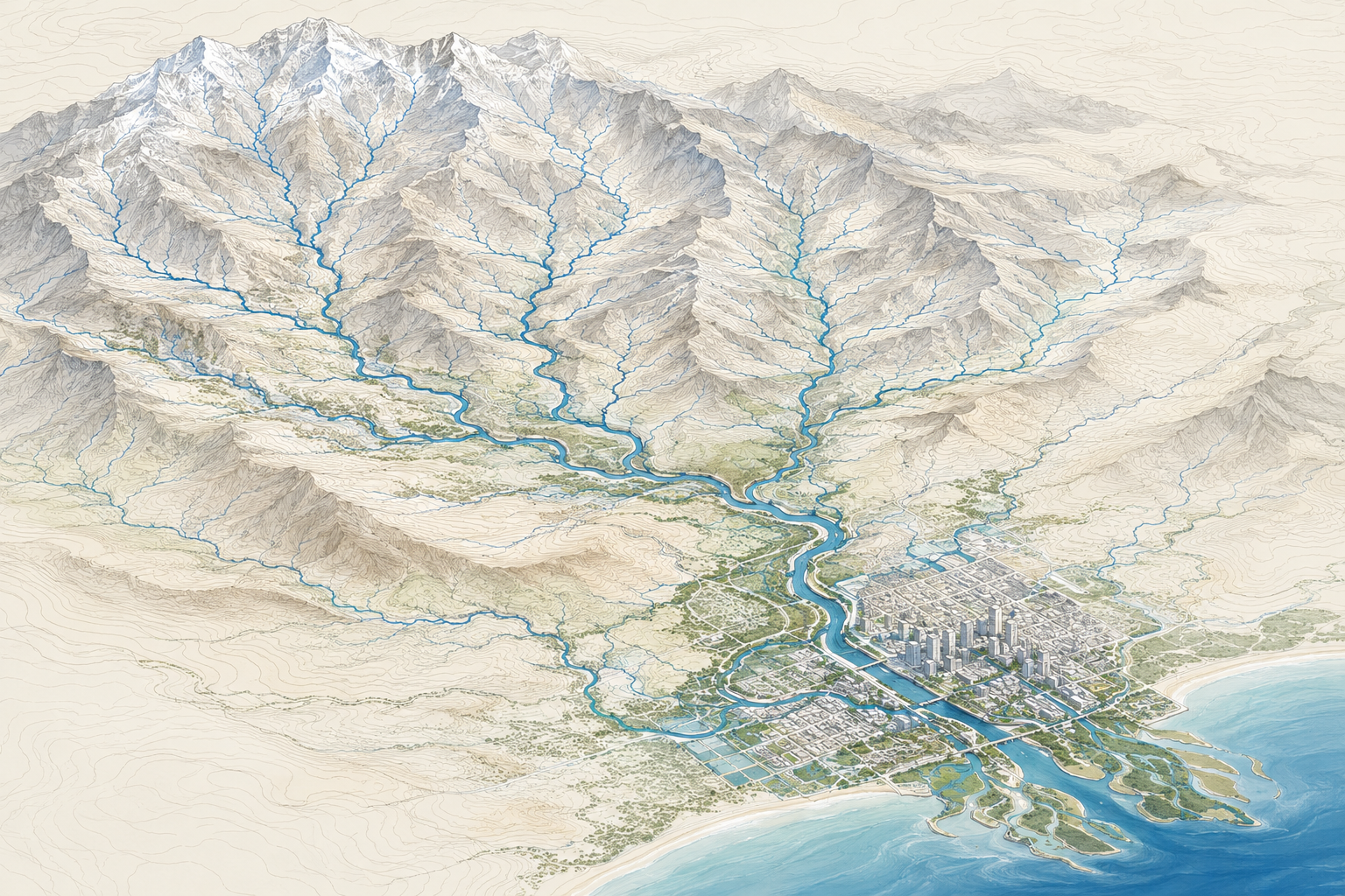Illustration of terrain, drainage networks and downstream infrastructure